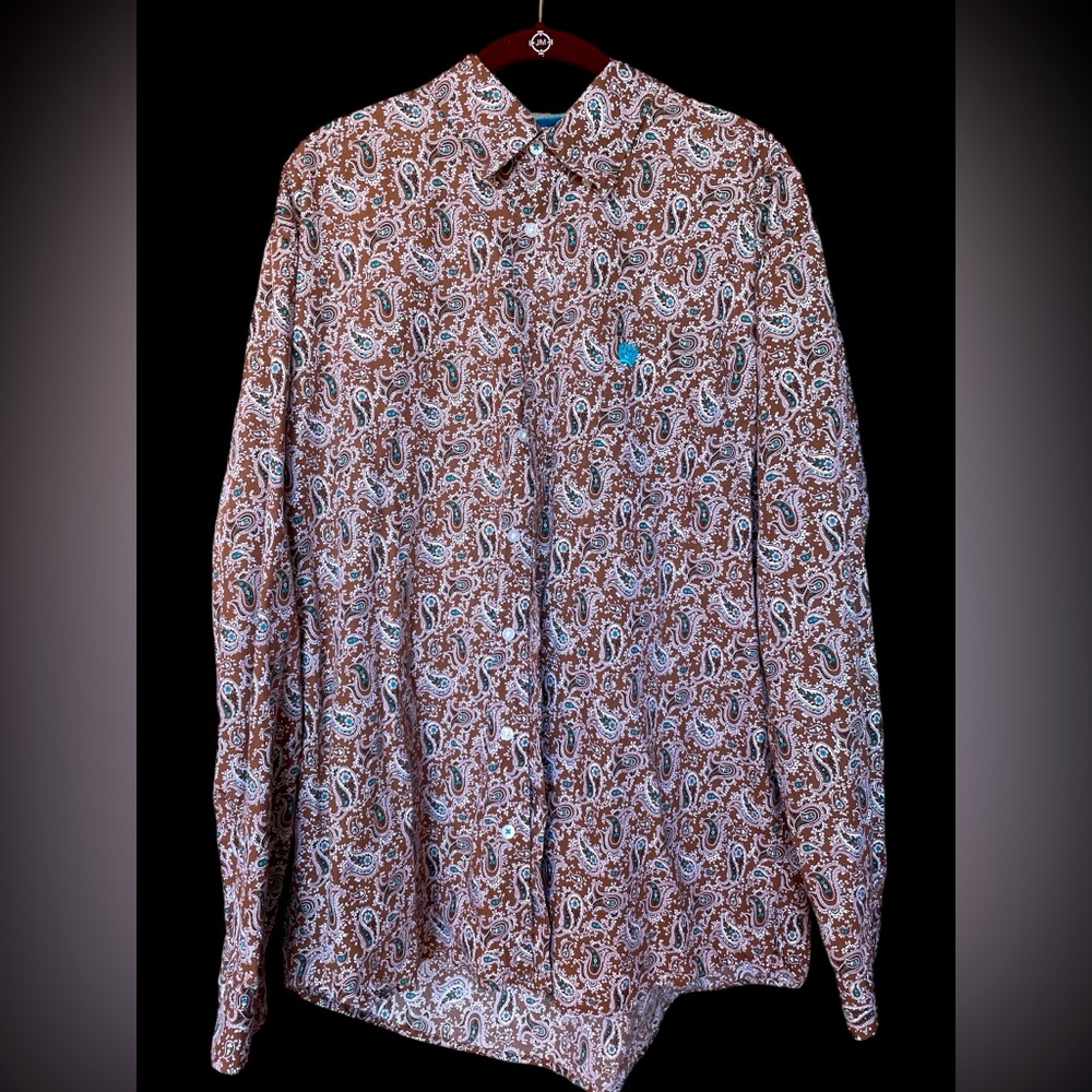 Cinch Men’s Large Paisley Brown and Turquoise Long Sleeve Button Down Shirt